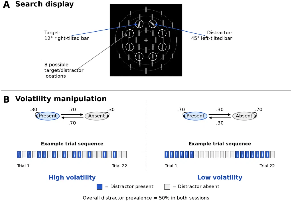 Search display and the high- and low-volatility sequences used in the experiment.